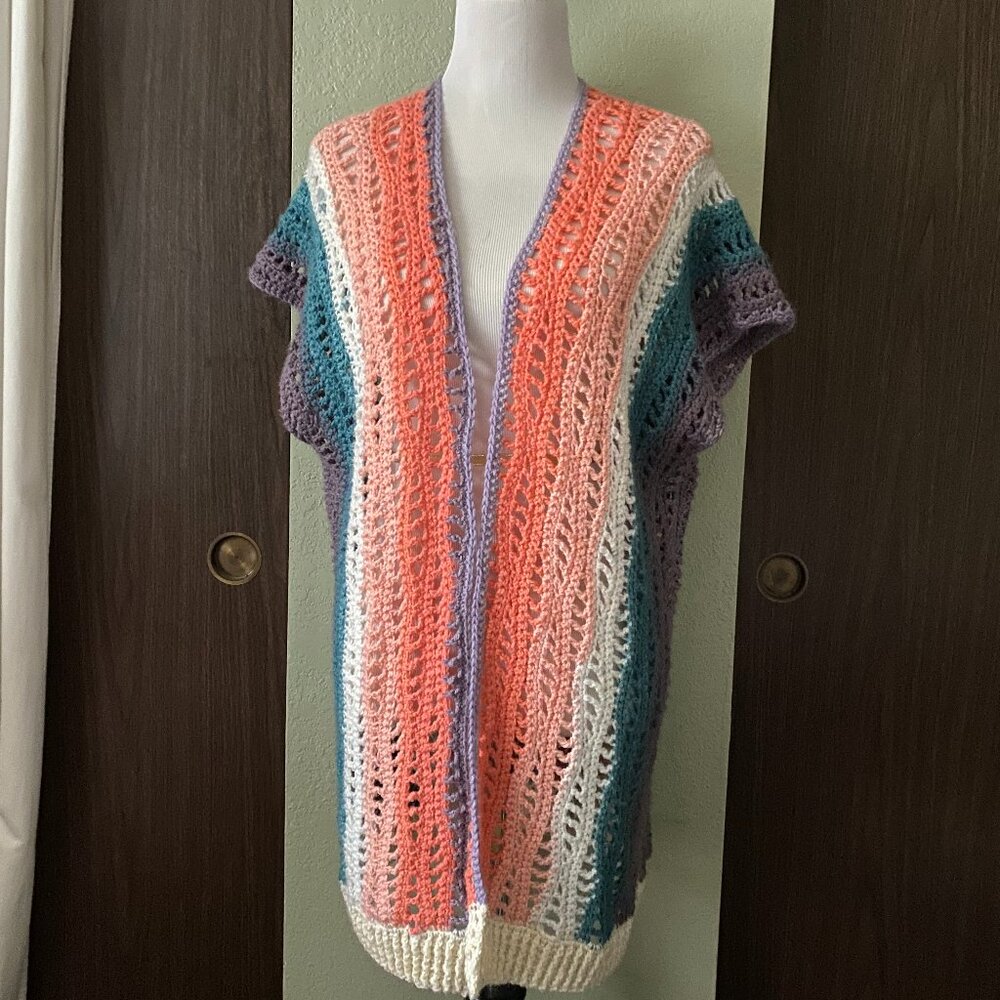 Handmade Crochet Lace Stripe Kimono Vest Coral Purple Teal Cream Size L